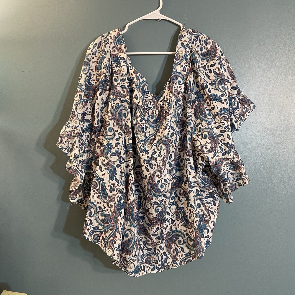 Terra & Sky Paisley Ruffle Sleeve Top Womens 4x White Blue Cotton Boho Hippie - Picture 7 of 7